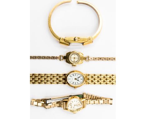 A ladies 9ct gold bracelet watch, together with a G.P Borel bangle watch, an Accurist, and a ladies Omega watch