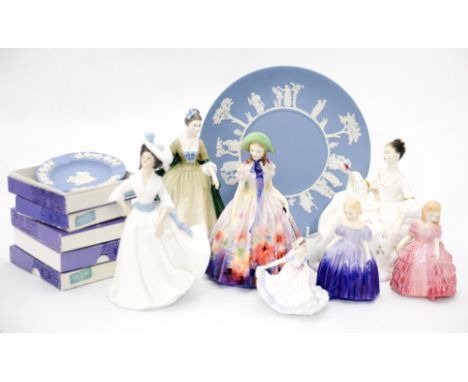 A box of Royal Doulton figures with boxed Wedgwood trinket dishes, etc (one box) 