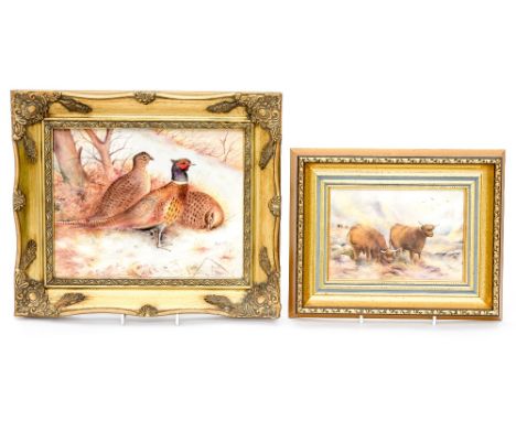 Brian Cox, two possible Royal Worcester plaques, one depicting Highland Cattle, the other depicting pheasants, both in gilt f