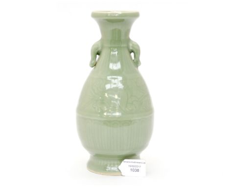 A 20th Century Chinese celadon glaze twin handle lamp base, floral frieze, lappet border, height 23cm 