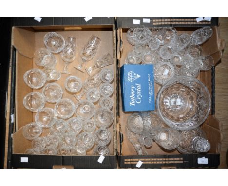 Two boxes of assorted cut glass including Tutbury Crystal (some boxed) Webb Corbett, wine glasses and tumblers, decanter, ped