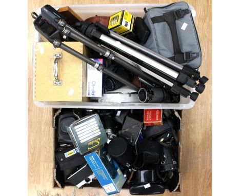 Two boxes of assorted cameras, camera equipment, microscope, etc, including Nikon, Yashica, Olympus, Canon, zoom lenses, etc 