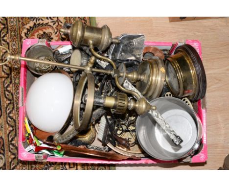 A box of assorted metalware, including champagne bucket, crumb tray, copper plate, horse brasses, brass lamp, clock, flatware