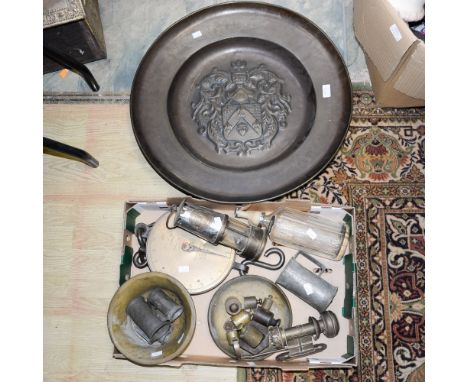 A box of brass ware, pewter, miners lamp, soda syphon and weights and a grain sack weigher etc... (1 box)