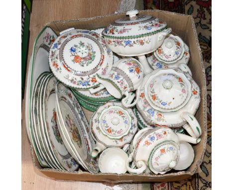 A part Copeland Spode Chinese Rose pattern dinner service, comprising of lidded tureens, plates, teapot, coffee pot etc (1 bo