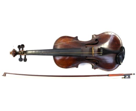 An 18th century English violin, labelled "Made by Peter Wamsley at Ye Golden Harp Inn Piccadilly, London 17**", 58cm long, to