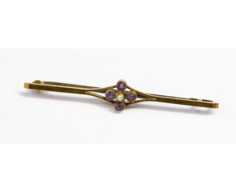 A 9ct gold seed pearl and amethyst bar brooch, length approximately 53mm, total gross weight approximately 2.2 grams