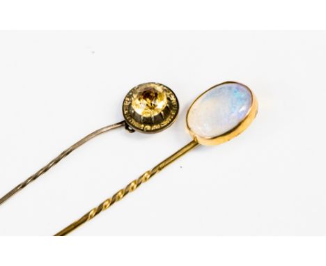 Yellow metal stick pin with citrine stone, plus moon stone stick pin