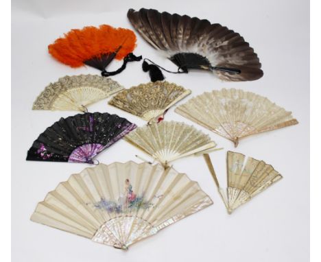 A collection of eight fans, Victorian and later, mother of pearl, ivory, lace and bead work, feathers etc...(1 bag)