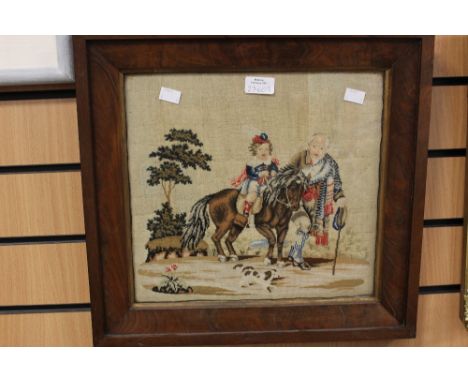 A framed and glazed tapestry, man leading child and a pony, dating approx 1850, with a framed and glazed sampler dating 1880 