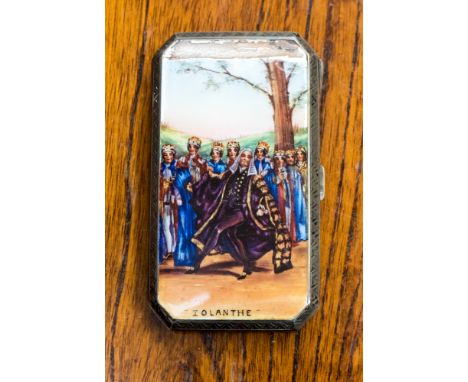 A silver card or cigarette case import stamped .925, makers mark GS gilt lined, enamelled with scene of Royal Group - Iolanth