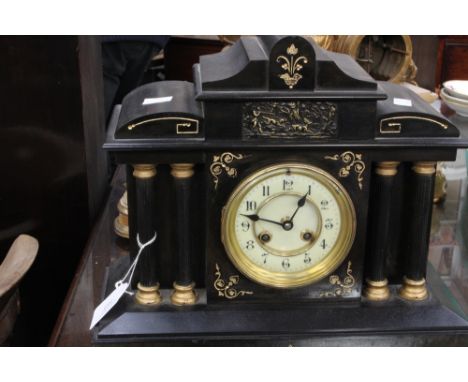 A Victorian slate mantel clock, gilt decoration 