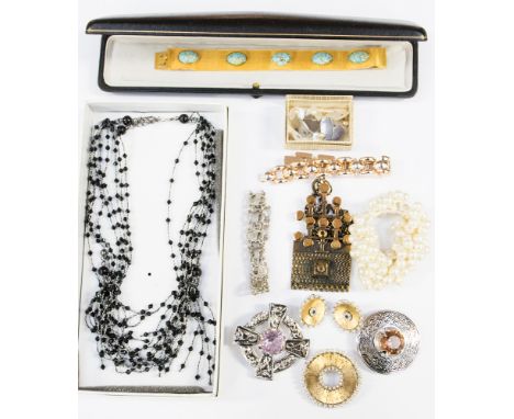 A white metal bracelet and named brooches, mother of pearl collar studs, chrome cuff links, Scottish brooches 