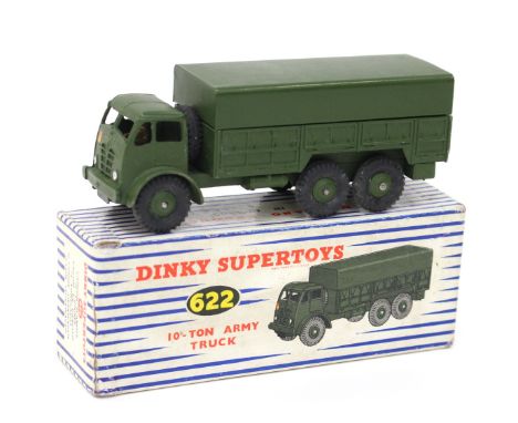 Dinky:A  Dinky No.622 "10-ton Army Truck", green, ridged hubs with black treaded tyres, figure driver, tow hook, within origi
