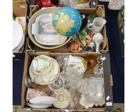 A large Stoneware bowl, a globe vintage ice cream sundae dishes, tea wares, etc (two boxes) 