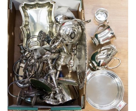 Silver plated items to include; meat fork, two pairs of candlesticks, four shell form serving spoons, small tray 'Industrial 