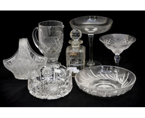 A Victorian hand blown tall comport, Stuart comport, Stuart water jug, cut glass decanter with silver Brandy label, cut glass