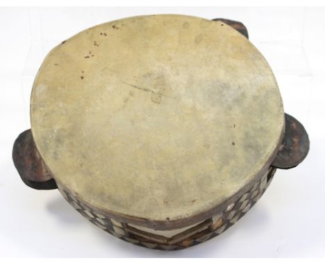 A mid 19th Century Tambourine (possibly Indian), inlaid with mother of pearl and ebony, pig/goat skin drum a/f.