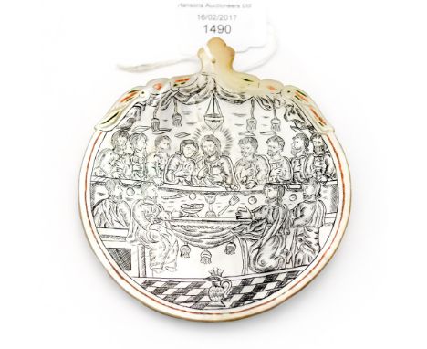 A pen & ink inscribing of 'The Last Supper' and a Scallop type shell, possibly mother of pearl 