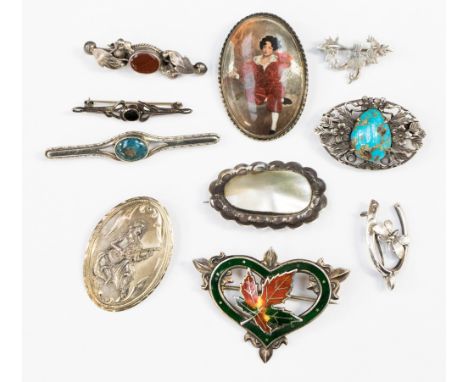 A collection of silver brooches, including; gemstone set, mother of pearl, sweet heart, etc (10) 