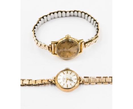 A 9ct gold cased ladies watch with (replaced) rolled gold expanding bracelet, together with a 9ct gold ladies Rotary watch (r