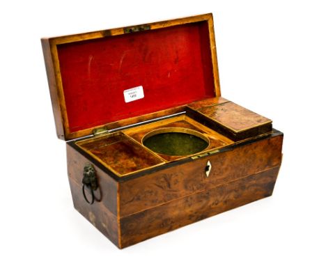 A sarcophagus shaped burr walnut veneered tea caddy, inlaid with satinwood, in need of some restoration