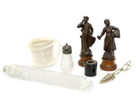 A mixed group of glass rolling pin, silver top and ebony powder box, caster Doulton jug, bronzed figures and candle snips, al