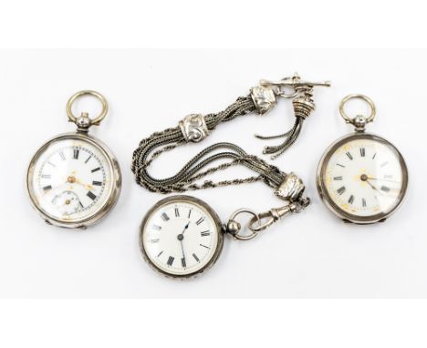 A silver fob watch with engine turned and floral decoration, white enamel dial, black Roman numerals; together with a silver 