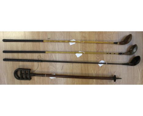 Golf Memorabilia: An assortment of three golf clubs to comprise: an indistinctly marked wood, hickory shaft, together with tw