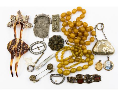 An EPNS purse, chain mail purse, mantilla hair combs, paste buckles, mother of pearl cased pen knife, silver framed diamante 