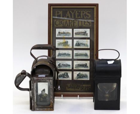 T. Burrows 'Tysley' railway lamp, another and framed player cigarette cards (3) 