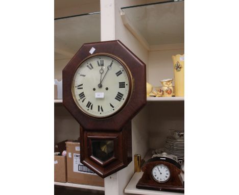 A modern hanging wall clock Art Deco style, together with an oak style mantel clock (2) with key