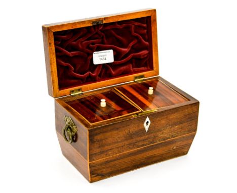 George III rosewood and satinwood strung tea caddy, complete 