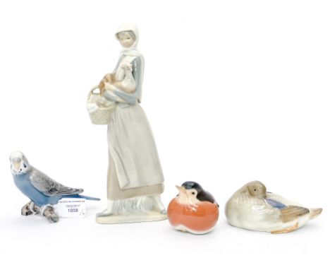 A Lladro figure of a lady with a basket and a Cockerel, a Canadian bird, Denmark bird and a Budgie (4) 