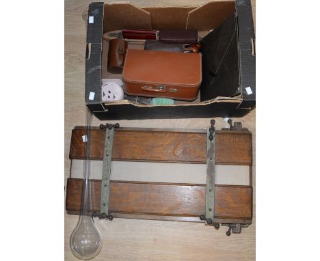 Box of mixed items to include 1930/40's Trouser and Tie presses, hair clippers, both electric and manual, combs, cut throat r