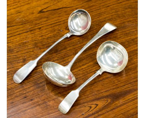 Two sauce ladles, London 1796, maker Richard Crossley and London 1929, maker David Fullerton and a 'Prime' silver (EPNS) ladl