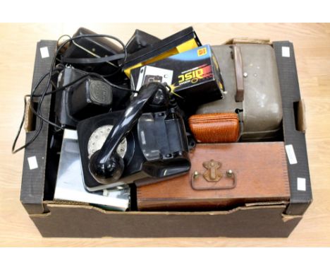 One box of mixed camera and cine equipment to include various cameras as well as a 1960's/70's GPO black telephone. (one box)