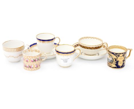 A collection of early Derby coffee cans and cups including tea cups and saucers 