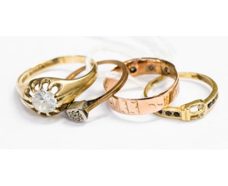 Four 9ct gold dress rings to include gentlemen's white stone solitaire, ring size T, a rose gold band set with three small cr