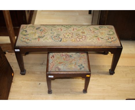 A collection of furniture comprising an Edwardian open armchair, a tripod wine table, a duet piano stool and a further small 