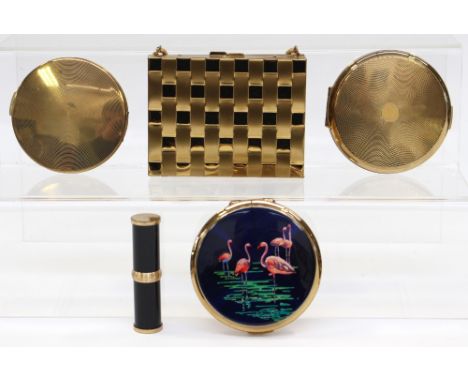 A circa 1950s ladies Canadian evening purse, incorporating lipstick holder, etc and cigarette holder, with two Stratton compa