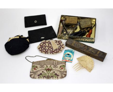 An early 20th Century ladies evening bag, including beaded Art Deco examples, an early 20th Century celluloid hair comb and n