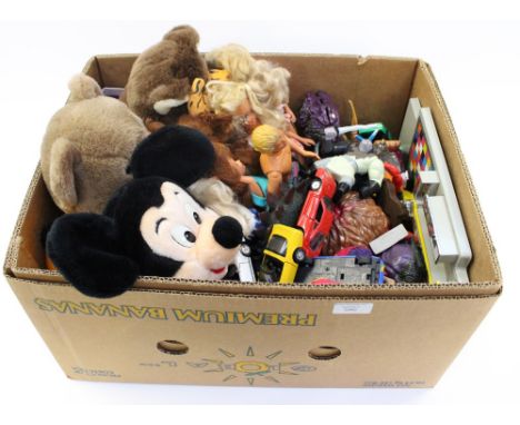 A collection of toys to include Teddy bears, Sooty glove puppet, Mickey Mouse, Barbie, Cindy, Tressie, Ken and die cast etc 