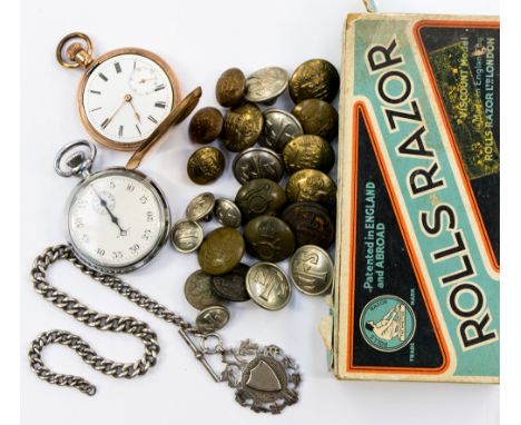 WW2 British Army stop watch with a gold plated Hunter, silver fob, assortment of WW2 National Fire Service and ROAC buttons, 