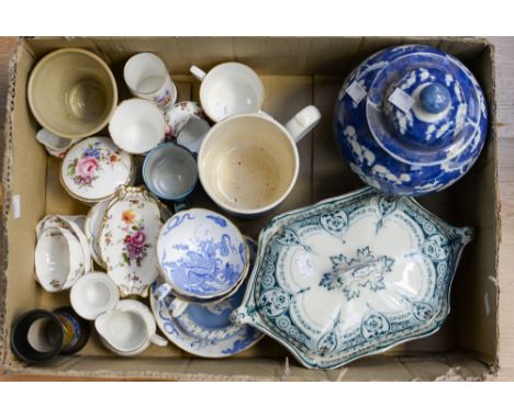 A box of assorted ceramics including Royal Worcester, Royal Crown Derby on Oriental blue and white prunus pattern ginger jar 