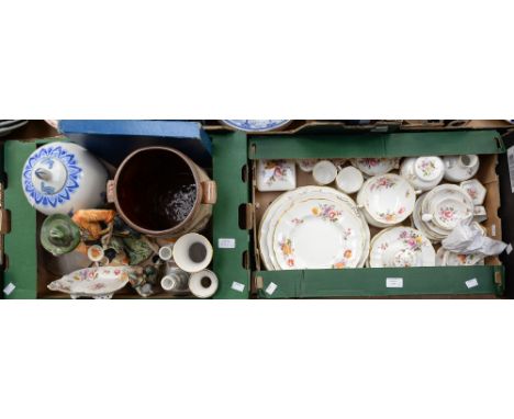 A box of Royal Crown Derby Posie pattern ornaments and tea wares (some seconds) with a box of assorted ceramics, including Hu