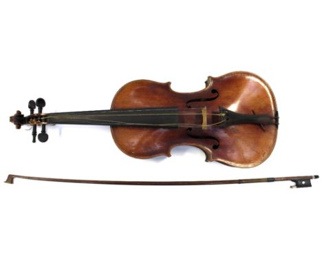 A 19th century German violin, label Richard Freidl, Absroht 1765, together with bow, case and accessories, 59cm