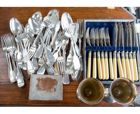 EPNS flatware, cased fish cutlery, cigarette box, etc 