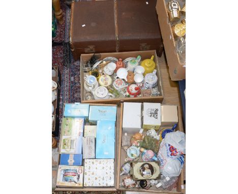 Three boxes of ceramic tea pots, small tea set, glassware and flatware, along with travel trunk