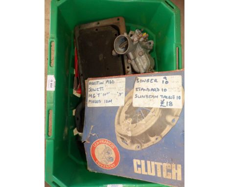 A green crate and contents of vintage sump, clutch cover pressure unit for Austin A40/Singer 9/10/Sunbeam Talbot 10, Zenith d